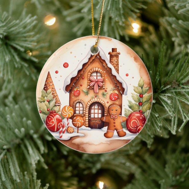 Christmas gingerbread add message watercolor  ceramic ornament (Tree)