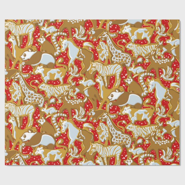 Christmas Gingerbread Animals Parade Wrapping Paper (Flat)