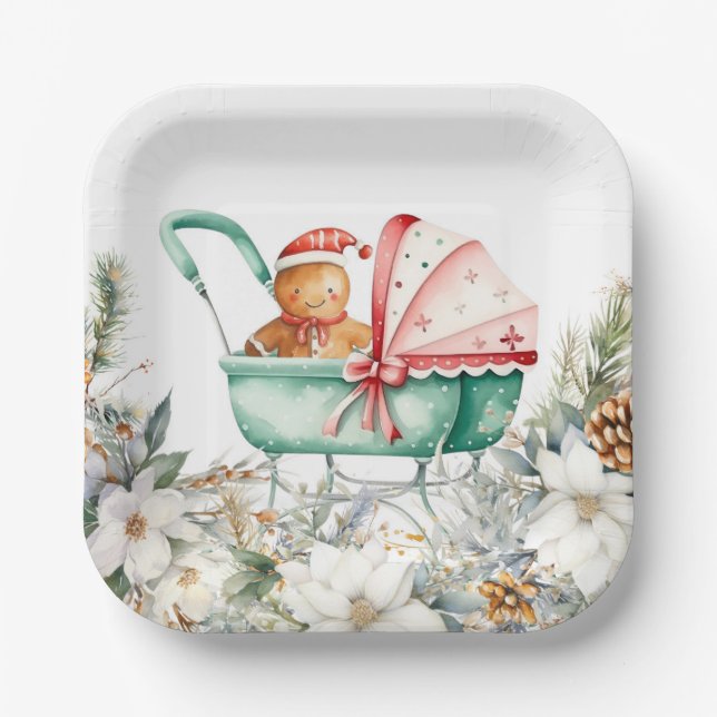 Christmas Gingerbread Baby Shower Paper Plate (Front)