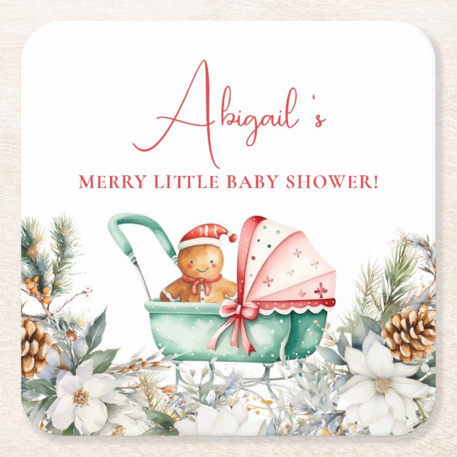 Christmas Gingerbread Baby Shower Square Paper Coaster (Front)
