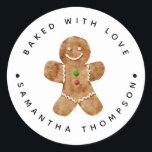 Christmas Gingerbread Baked with Love Classic Round Sticker<br><div class="desc">Custom sticker for the bakers and cooks that like to bake/cook and gift to others, or for those who do that professionally. There is an illustration of a gingerbread man in the middle. There is text that goes around in circle that says "baked with love". You can customise this product...</div>