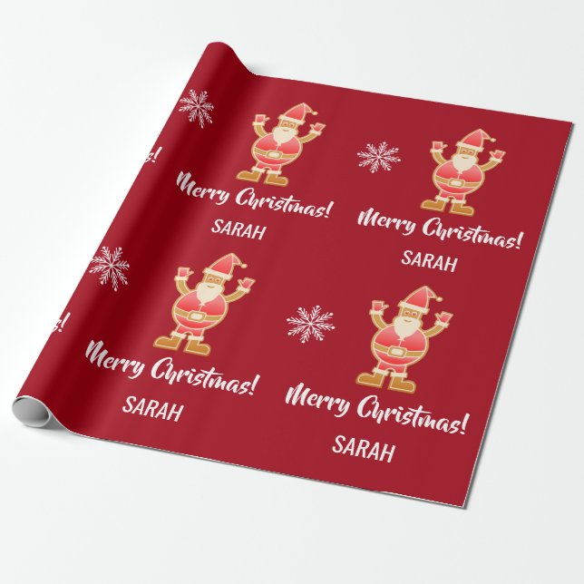 Christmas Gingerbread Brown Santa Personalise Name Wrapping Paper (Unrolled)