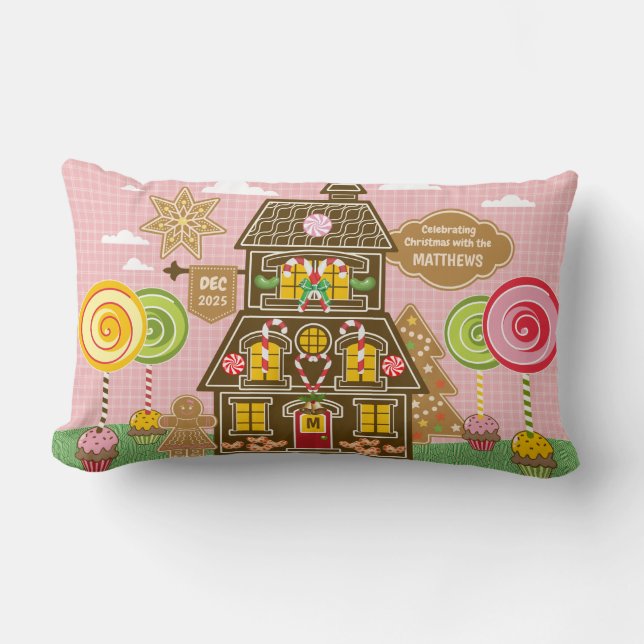 Christmas Gingerbread Cookie House Candy Lollipop Lumbar Cushion (Front)
