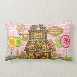 Christmas Gingerbread Cookie House Candy Lollipop Lumbar Cushion
