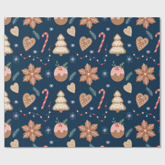 Christmas Gingerbread Cookie Navy Seamless pattern Wrapping Paper
