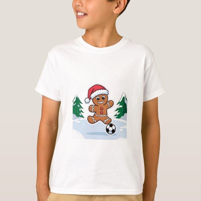 Christmas Gingerbread Cookie playing soccer T-Shirt (Front)