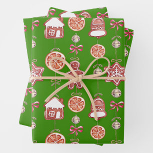 Christmas Gingerbread Cookies Green Wrapping Paper Sheet