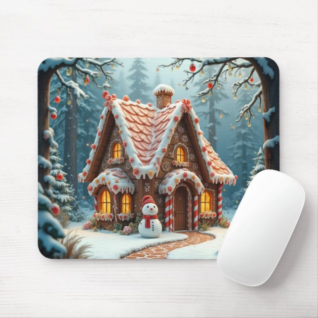 Christmas Gingerbread Cottage With a Snowman  Mouse Pad (With Mouse)
