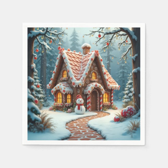 Christmas Gingerbread Cottage With a Snowman  Napkin (Front)