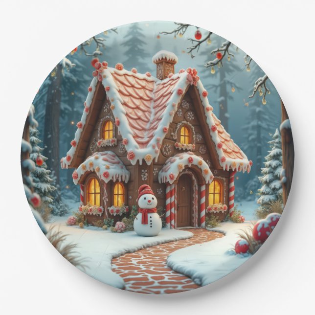 Christmas Gingerbread Cottage With a Snowman  Paper Plate (Front)