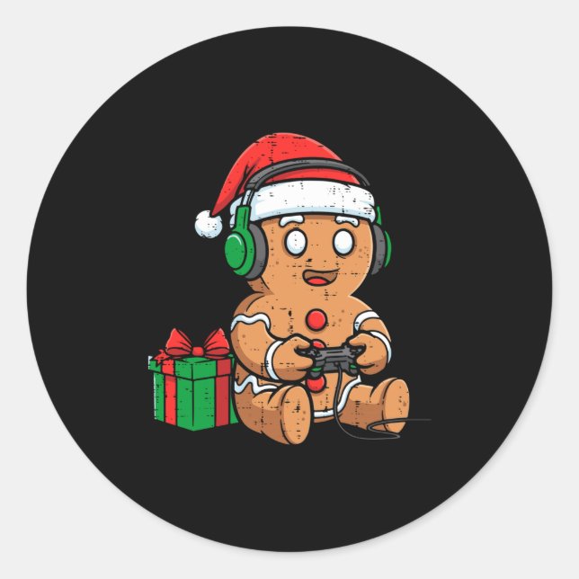 Christmas Gingerbread Gamer Xmas Gaming Boys Kids  Classic Round Sticker (Front)