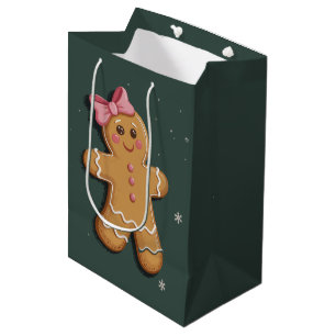 Christmas Gingerbread Girl Pink Bow Coquette Medium Gift Bag