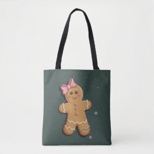 Christmas Gingerbread Girl Pink Bow Coquette Tote Bag