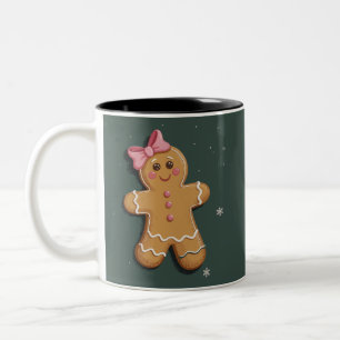Christmas Gingerbread Girl Pink Bow Coquette Two-Tone Coffee Mug