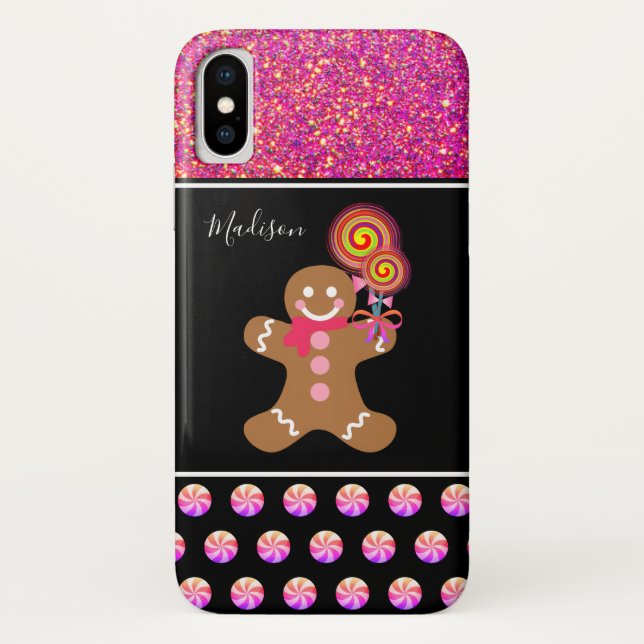 Christmas Gingerbread Girl Pink Glitter Monogram Case-Mate iPhone Case (Back)