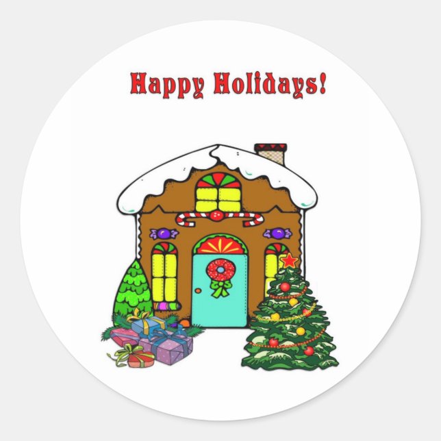 Christmas Gingerbread House and Happy Holidays Classic Round Sticker (Front)