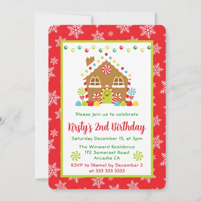 Christmas Gingerbread House and Lights Birthday Invitation (Front)
