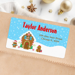 Christmas Gingerbread House Blue and Red Label