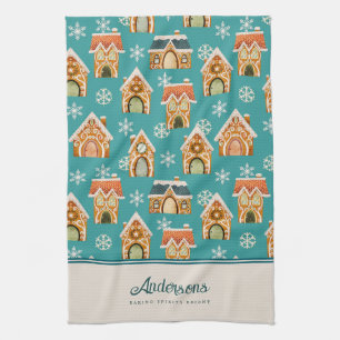 Christmas Gingerbread House Cookie Teal Tea Towel