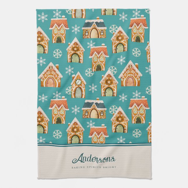 Christmas Gingerbread House Cookie Teal Tea Towel (Vertical)