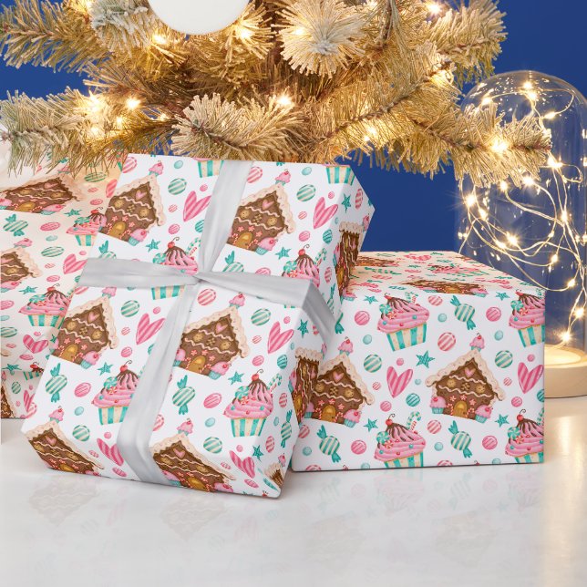 Christmas Gingerbread House, Cupcakes, Candy  Wrapping Paper (Holidays)