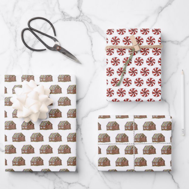 Christmas Gingerbread House Peppermint Candy Cane Wrapping Paper Sheet (Front)