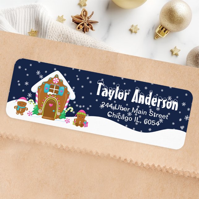 Christmas Gingerbread House Pink and Navy Return Address Label (Creator Uploaded)