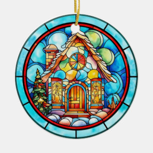 Christmas gingerbread house stained glass style ceramic ornament