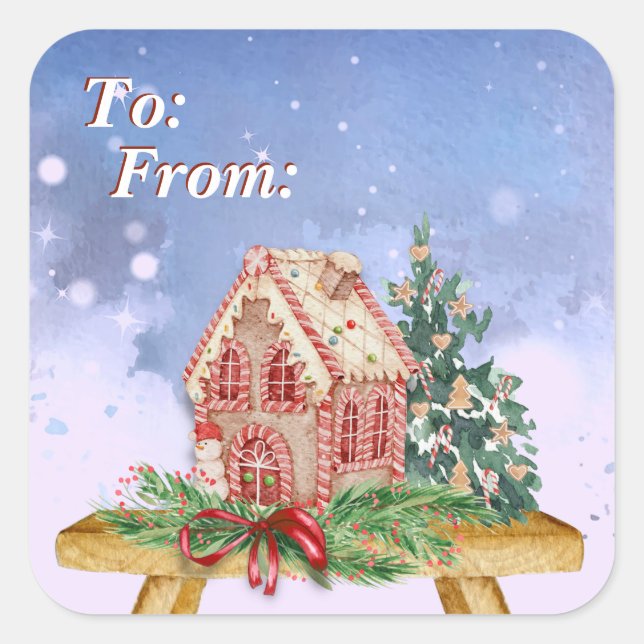 Christmas Gingerbread House Watercolor To & From Square Sticker (Front)