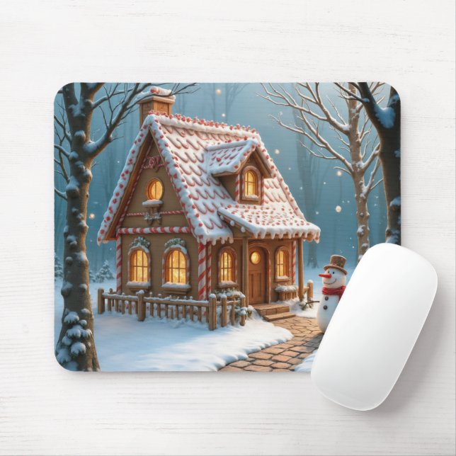 Christmas Gingerbread House With a Snowman  Mouse Pad (With Mouse)