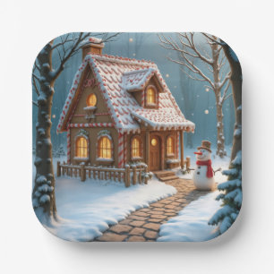 Christmas Gingerbread House With a Snowman  Paper Plate