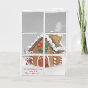 Christmas gingerbread house with family name holiday card