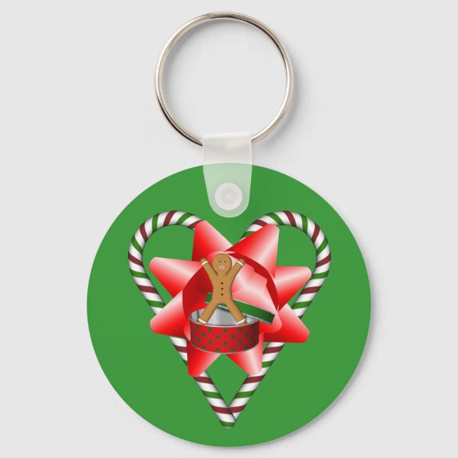 Christmas Gingerbread Man Bow Holiday Keychain (Front)