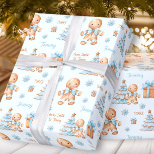 Christmas Gingerbread Man Boy Blue Name Text Wrapping Paper