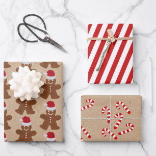 Christmas Gingerbread Man Cookies & Candy Stripes Wrapping Paper Sheet