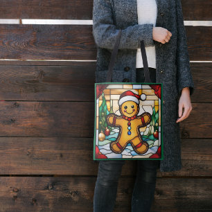 Christmas Gingerbread Man Faux Stained Glass Tote Bag