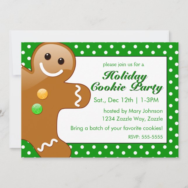 Christmas Gingerbread Man Green/White Polka Dots Invitation (Front)