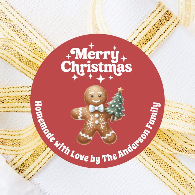 Christmas gingerbread man handmade red white classic round sticker (Creator Uploaded)