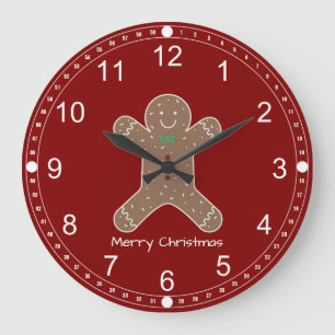 Christmas Gingerbread Man On Red Merry Christmas Large Clock