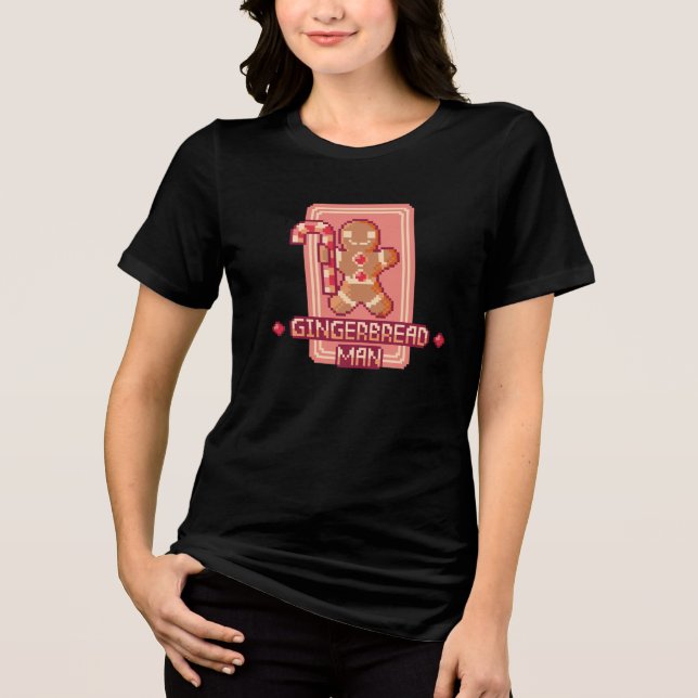 Christmas Gingerbread Man Pixel Art Design Tri-Blend Shirt (Front)