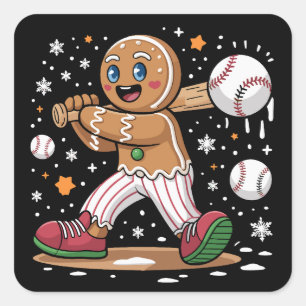 Christmas Gingerbread Man Sports Player Baseball Square Sticker