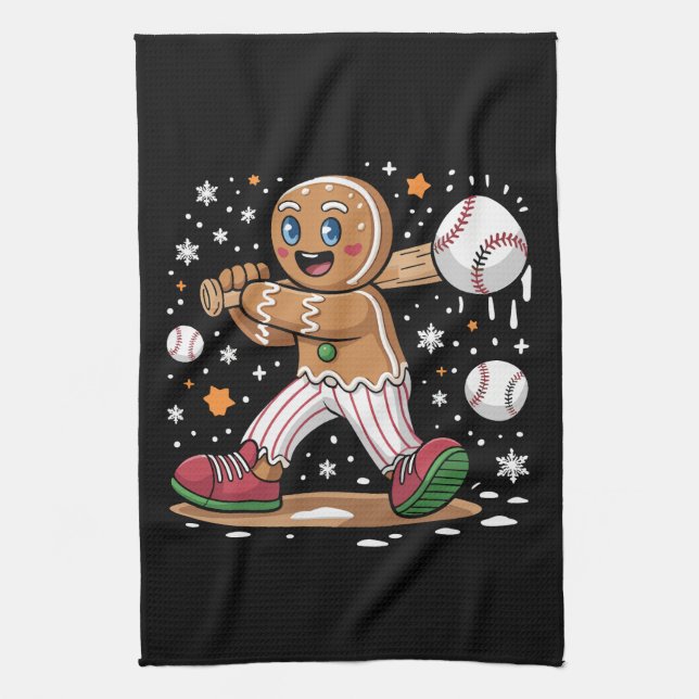 Christmas Gingerbread Man Sports Player Baseball  Tea Towel (Vertical)