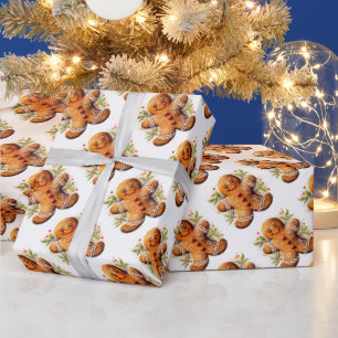 Christmas Gingerbread Man with Holly Wrapping Paper