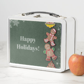 Christmas Gingerbread Men and Snowflakes Metal Lunch Box