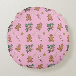 Christmas Gingerbread men, Bows and Candy canes Round Cushion