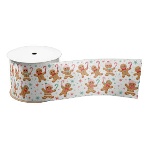 Christmas Gingerbread Men Holding Candy Canes Satin Ribbon