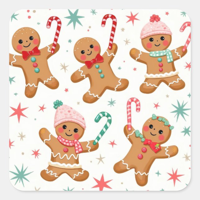 Christmas Gingerbread Men Holding Candy Canes Square Sticker (Front)