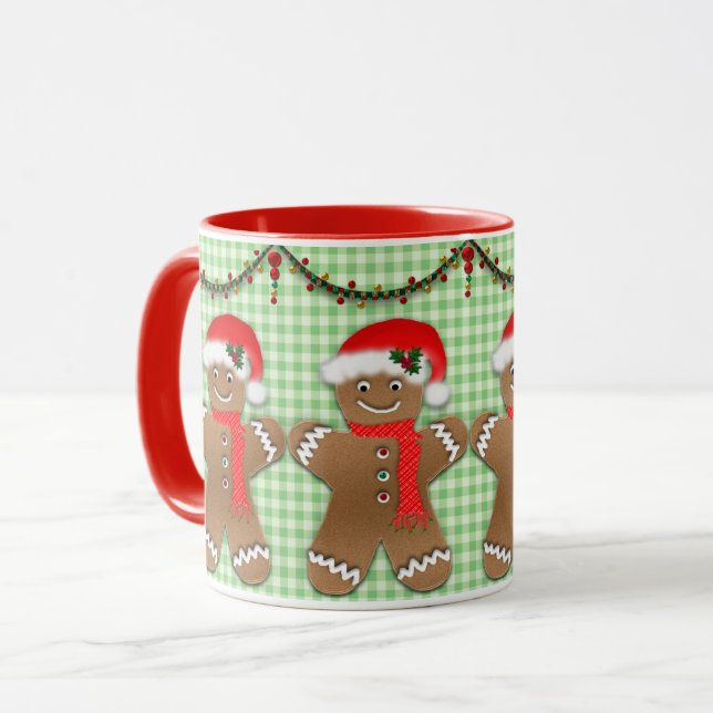 Christmas Gingerbread men on Green gingham Kids Mug (Front Left)