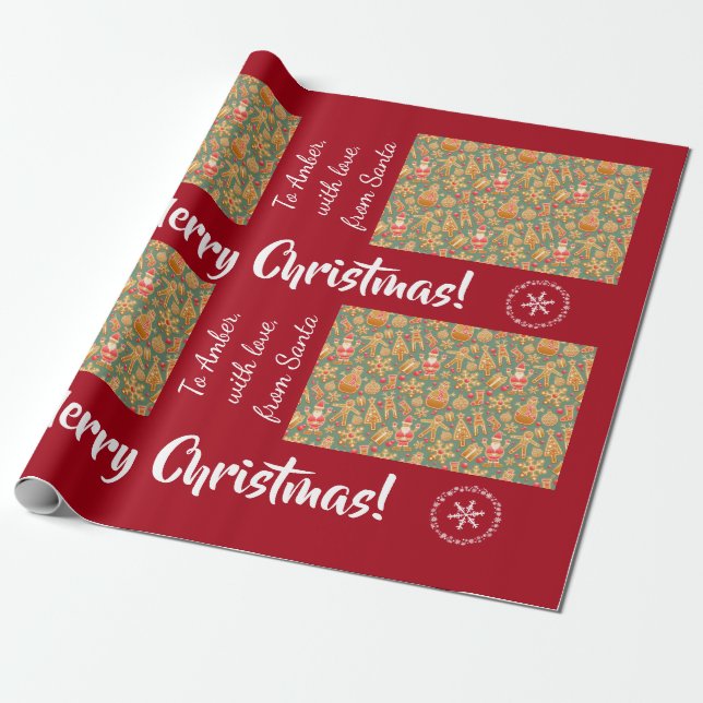 Christmas Gingerbread Men Santa Personalised Name Wrapping Paper (Unrolled)