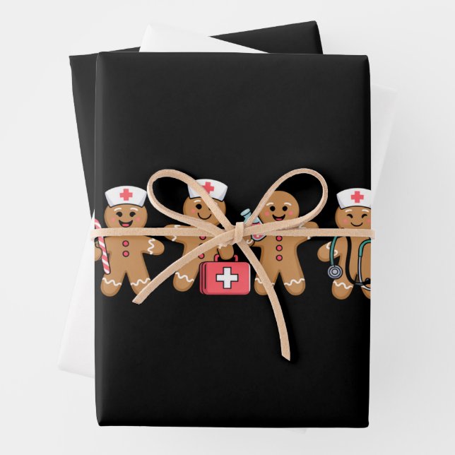 Christmas Gingerbread Nurse Team Crew Gifts Wrapping Paper Sheet (In situ)